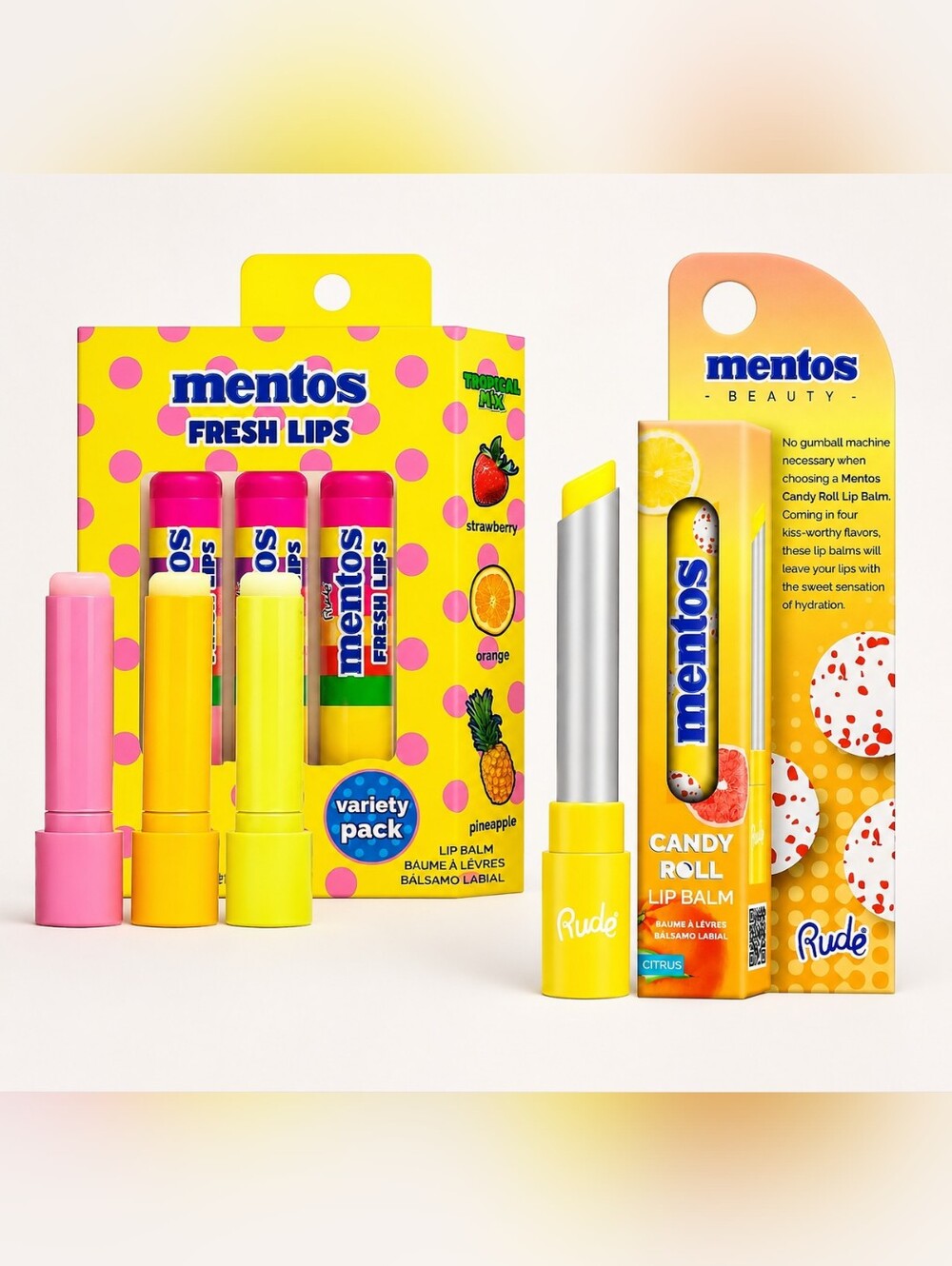 Rude Mentos Fresh Lips Variety Pack + Citrus Candy Roll Lip Balm Set NIB